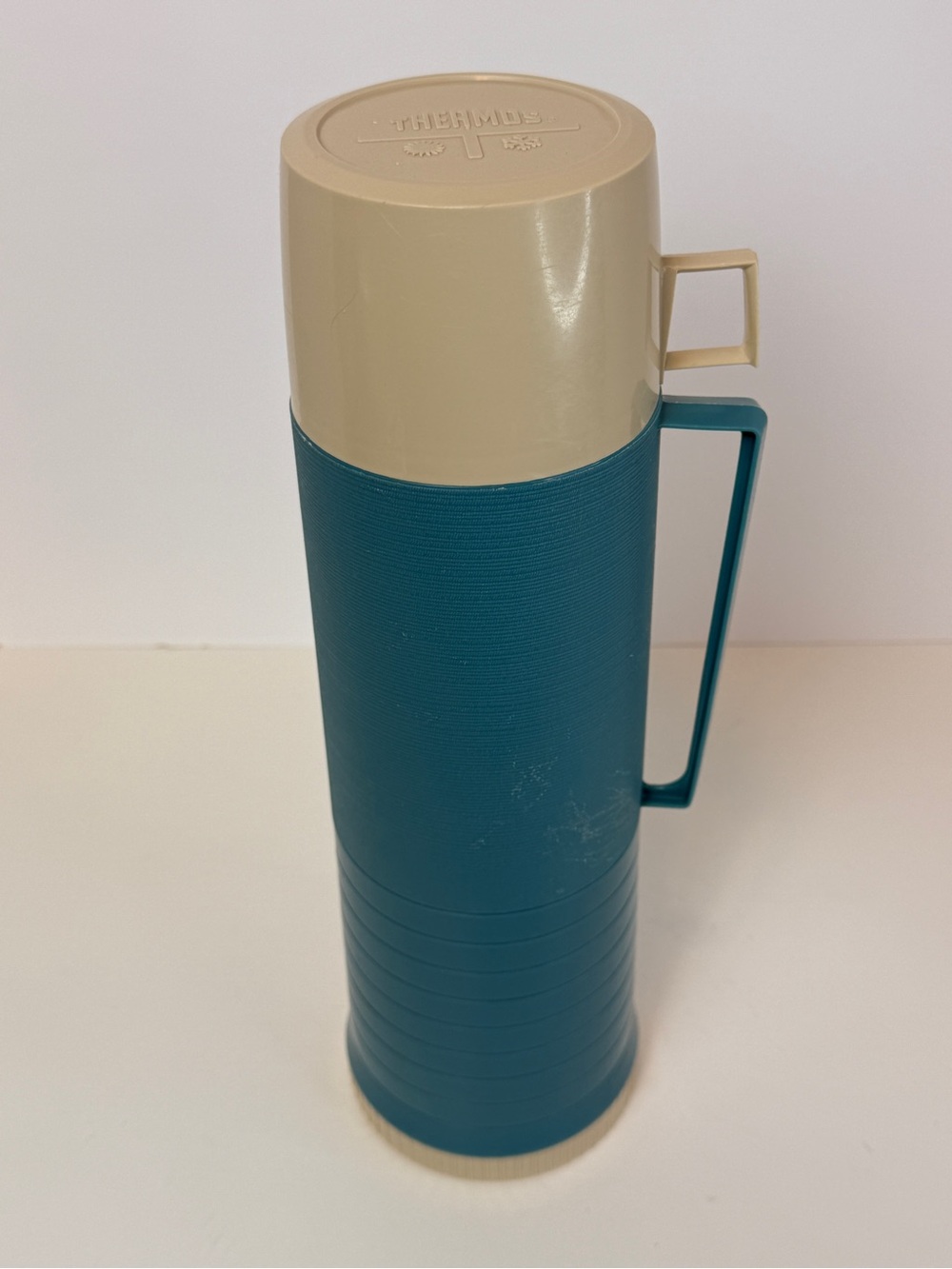 King Seeley Thermos Teal Body with Beige Lid & Handle Vacuum Carafe